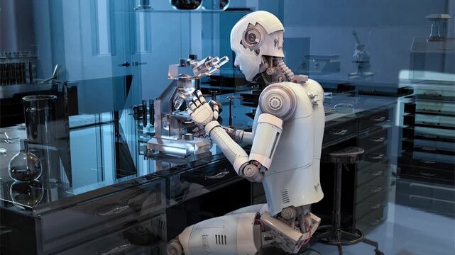Laboratory robot, 3D animation showing a humanoid technician using a microscope for diagnostics and research, illustrating automated analysis, microbiology, pathology and biomedical science.