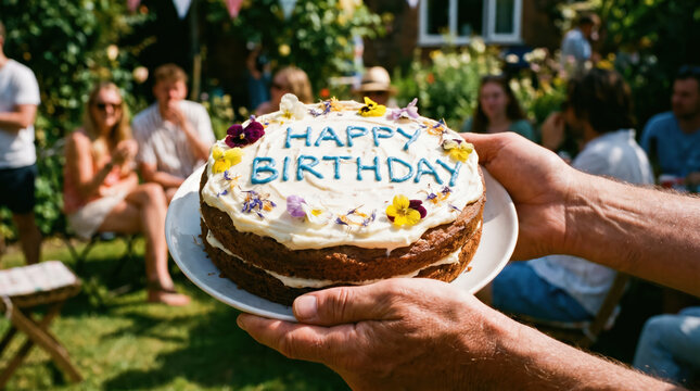 A person holding a homemade birthday cake decorated with white frosting, edible flowers, and blue piped text reading "HAPPY BIRTHDAY" at an outdoor garden party with guests blurred in the background. 