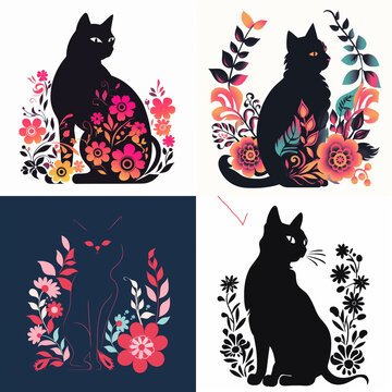 Set of decorative black cat silhouettes with floral patterns and botanical elements