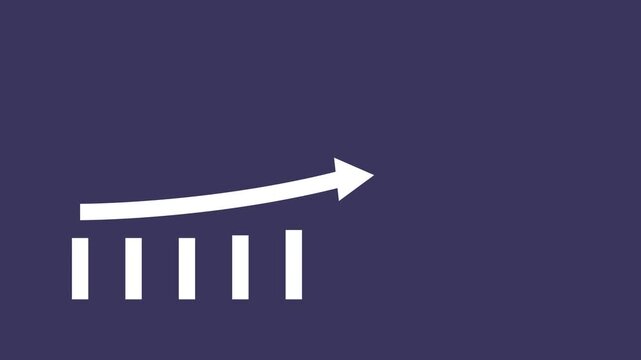 Growing bar chart animation with rising trend arrow, financial success and business growth concept, minimalist white on dark background