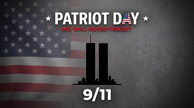 Patriot day memorial graphic featuring the silhouette of the twin towers against a faded american flag background to honor september eleventh victims