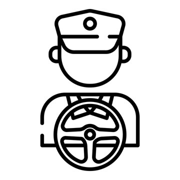 Professional male bus driver with steering wheel black line vector icon