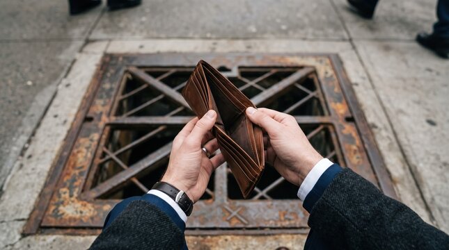 Hands in suit sleeves holding an empty brown wallet above a street grate; wedding ring and wristwatch visible, suggesting financial trouble and poverty