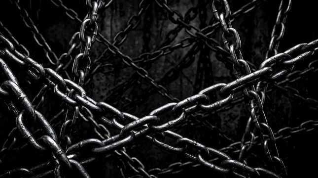 Macro view of heavy industrial metal chains tangled in a dark mysterious background