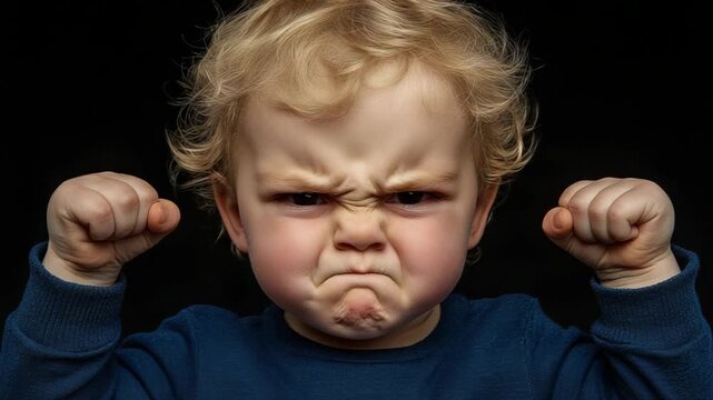selective focus young child expressing anger with clenched fists and closed eyes