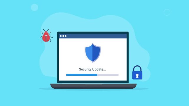 Animated laptop with a shield icon, security update interface, lock symbol, and bug illustration, representing cybersecurity, software protection, digital security, and system updates.