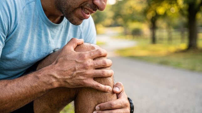 Close-up of athletic man in blue shirt clutching his knee in pain on a paved path outdoors, suggesting sports injury, strain, or joint problem during exercise