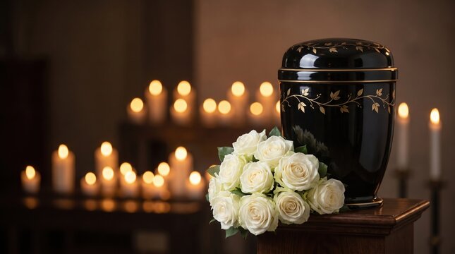 Glossy memorial urn with gold floral pattern beside a bouquet of white roses on a wooden pedestal; many lit candles create a warm, soft bokeh glow