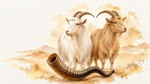 Watercolor background illustration of two goats with horns and a shofar, Yom Kippur Jewish holiday concept.