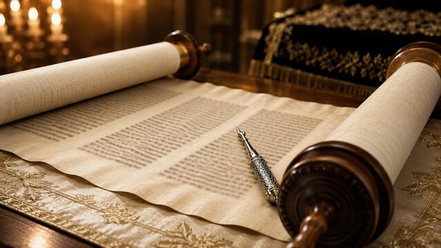 Open Sefer Torah scroll with a silver Yad pointer on the Bimah. Blurred text on parchment with warm synagogue lighting. Jewish High Holy Days (Yamim Noraim), Rosh Hashanah, and Yom Kippur background