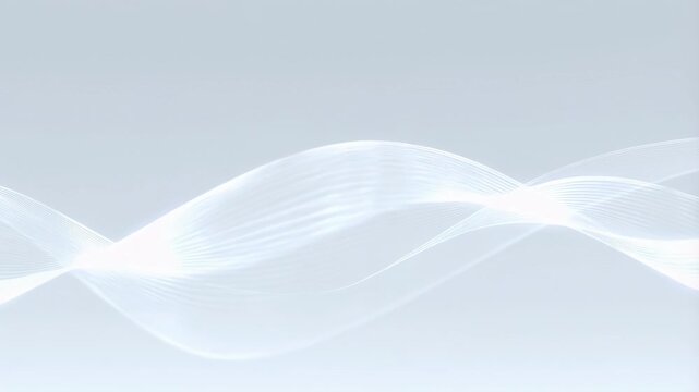 Smoothly flowing white translucent wave lines oscillate on a light gradient background. Layered composition brings together white translucent wave lines and flowing motion.