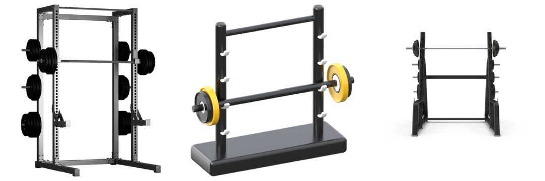 Three different weight racks with barbells and weight plates, isolated on a white background.