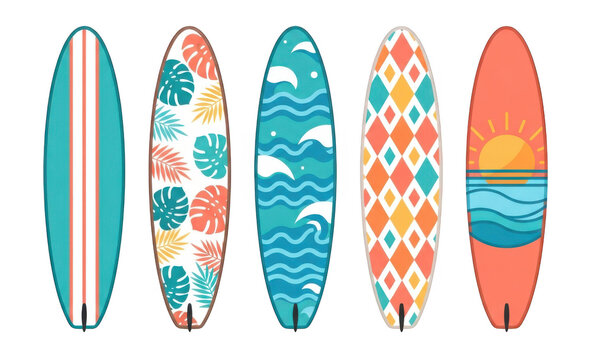 Set of colorful surfboard designs with tropical patterns and summer beach illustrations