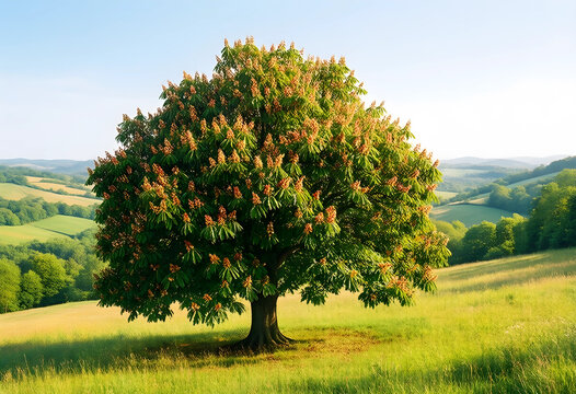 Nature and environmental conservation, horse chestnut tree in bloom on a sunny green hillside landscape