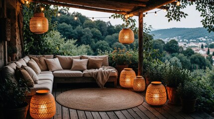 Fototapeta premium Cozy rustic wooden deck with outdoor furniture, warm lantern lights. Comfortable sofa with soft pillows sits on patio. Evening view of green mountains, forest from balcony. Peaceful garden lounge