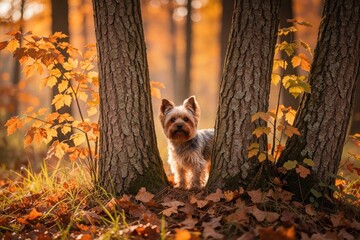 Naklejka premium Small yorkshire terrier dog stands in golden autumn forest. Fallen leaves cover ground, sunlight filters through trees creating warm, cozy atmosphere for pet.