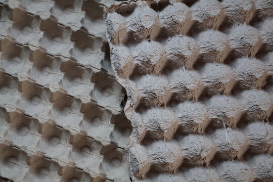 Closeup of pressed recycled cardboard egg tray texture, highlighting rough fibers, natural paper pulp, sustainable packaging, and earthy material details.