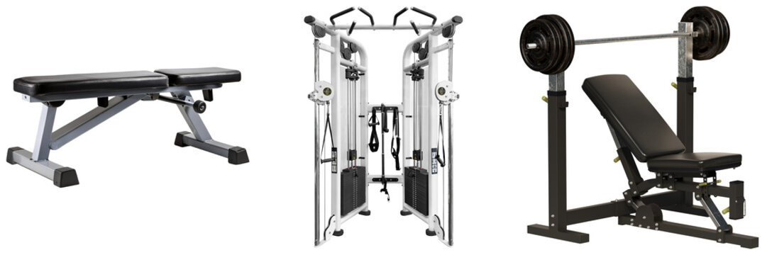 Three pieces of gym equipment: a weight bench, a cable crossover machine, and a squat rack with a barbell