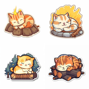 Cute cartoon ginger cat stickers set sleeping on wooden logs and campfire elements