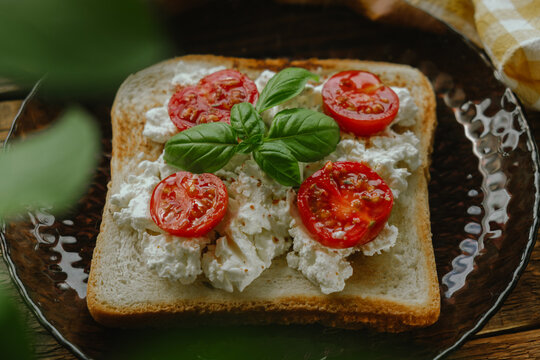 Sandwich or italian bruschetta. Italian toast topped with cream cheese, tomato and fresh basil leaves.