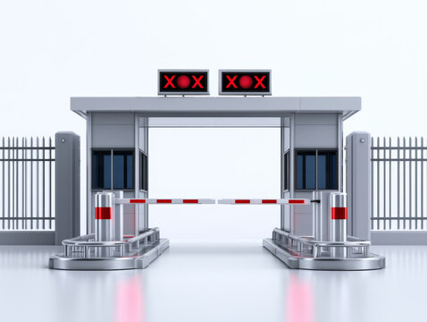 Security infrastructure checkpoint with metal barrier gate, surveillance booth, and warning signs, providing controlled access and protection for restricted area, modern and clean environment, 