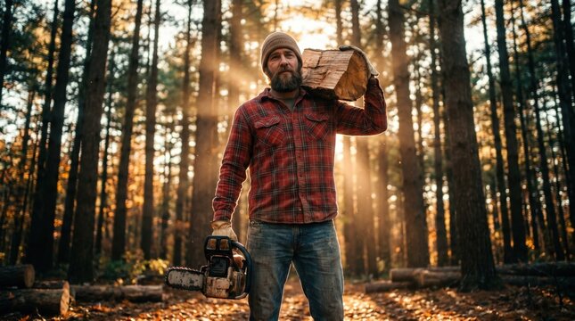 Bearded man in plaid shirt carries log and chainsaw in sunlit forest during autumn season