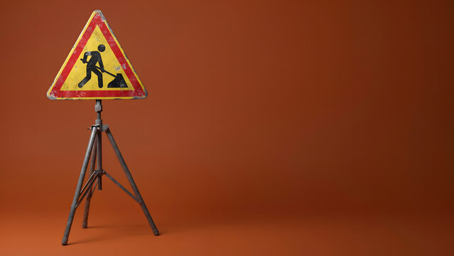 A construction worker warning sign placed on a metal tripod stand
