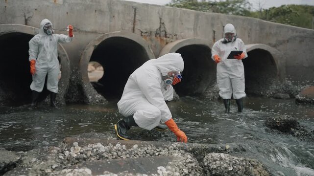 Environmental scientist wearing white protective suit, collecting and analyzing wastewater samples near an industrial drainage system, pollution control, water quality testing, sustainability concept.