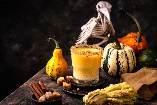 Autumn hot drink spicy pumpkin smoothie or latte