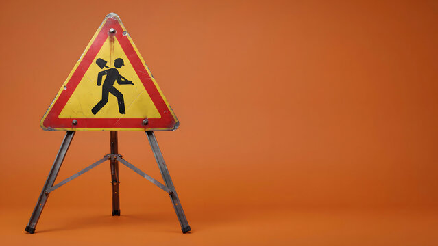 Road work warning sign on a metal stand against an orange background