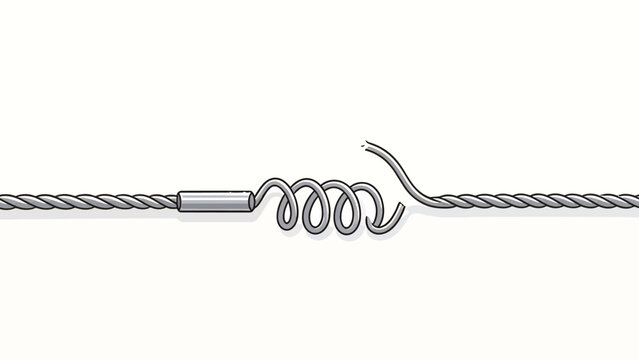 Isolated illustration of twisted metal wire cable with spring loop and crimped sleeve on white background