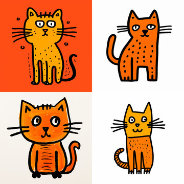 Set of cute orange cat illustrations in a hand drawn doodle style for creative projects.