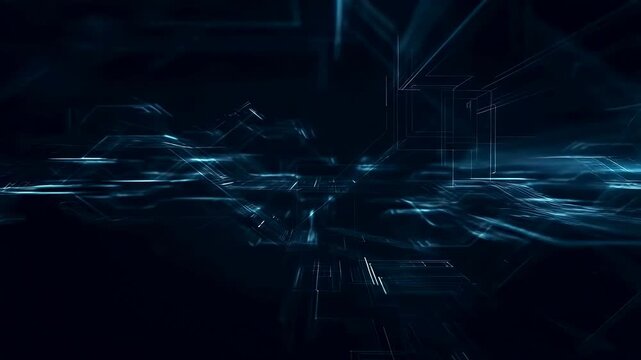 Glowing dark blue and cyan digital lines and geometric shapes flow and rotate across a shifting virtual grid. Glowing motion background with digital network and data flow.