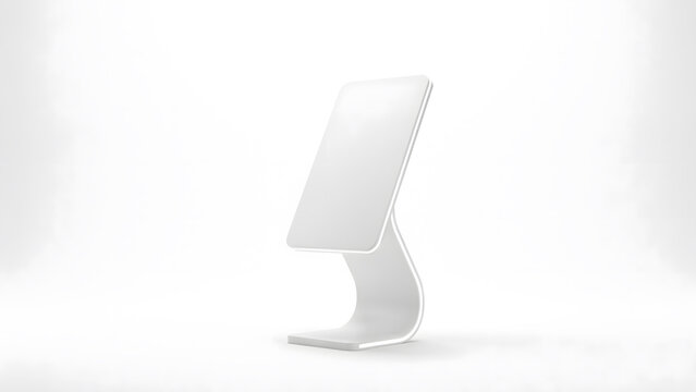 Modern white minimalist digital signage kiosk on a bright studio background