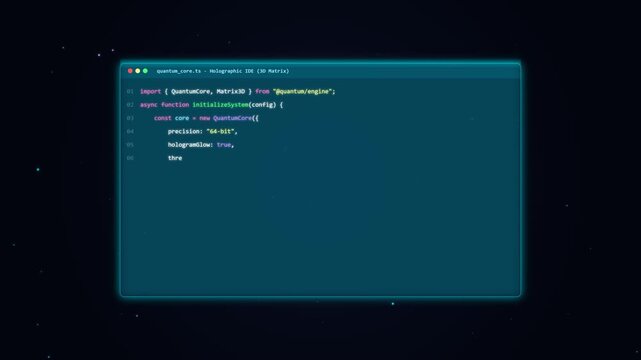 Holographic code editor animation displaying futuristic software development interface with typing text lines on a dark blue background motion footage