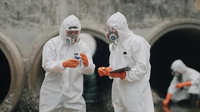 Environmental scientist wearing white protective suit, collecting and analyzing wastewater samples near an industrial drainage system, pollution control, water quality testing, sustainability concept.