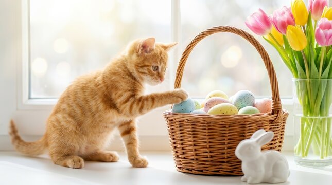 Playful orange tabby cat pawing at a basket of colorful Easter eggs near tulips.