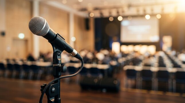 A professional microphone stands ready for a speaker at a business seminar or corporate speech presentation.