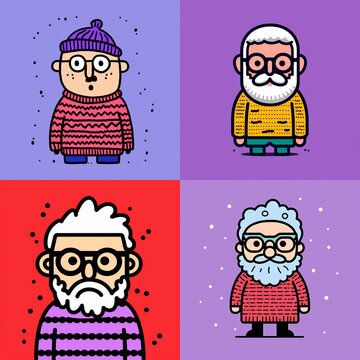 Set of four cute cartoon avatars of men with beards and glasses in colorful flat style
