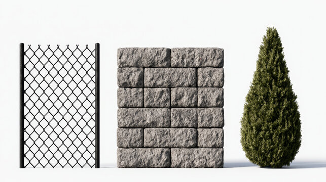 Security infrastructure concept with metal chain link fence stone wall and green conifer tree isolated on white background for protection privacy and landscaping, 3d rendering
