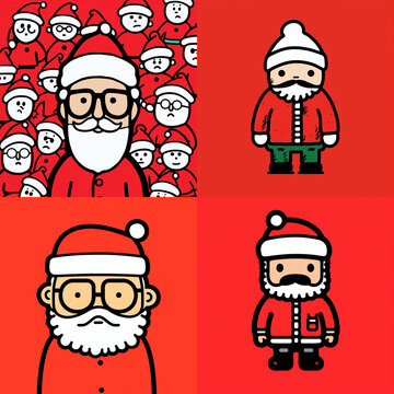 Cute Santa Claus cartoon characters set on red background for Christmas holiday design