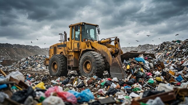 A heavy yellow bulldozer moves piles of garbage at an industrial landfill site.