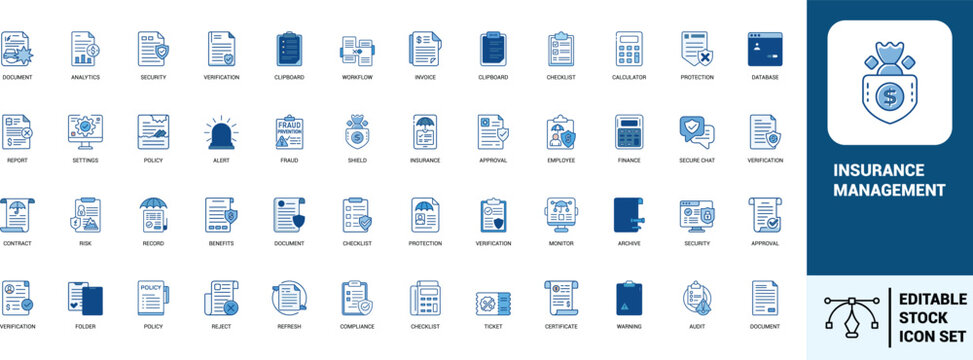Insurance management line art icons set policy, protection, risk, finance, security, verification, document, analytics, calculator, Web icon, App icon, Outline icon, Editable stroke, line art, Vector 