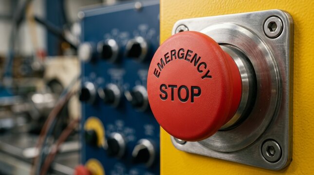 Red emergency stop button on a yellow industrial panel for safety equipment.