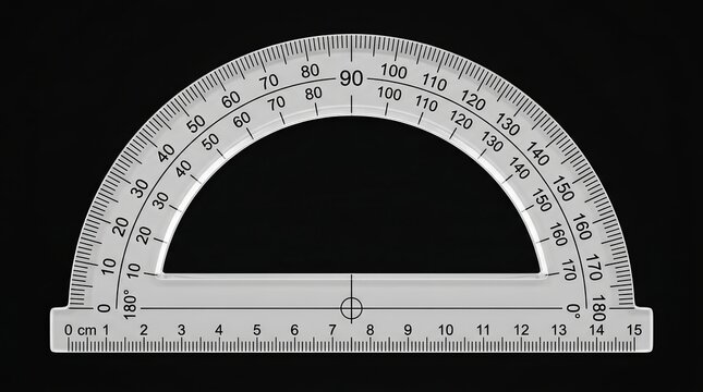 A transparent protractor with clear markings for measuring angles and lengths.