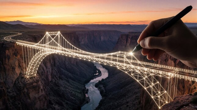 Hand draws glowing wireframe bridge over canyon at sunset. Stylus creates futuristic connection, symbolizing digital innovation overcoming obstacles and bridging divides.