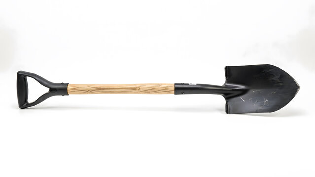 A garden shovel with a wooden handle and a metal blade on white background
