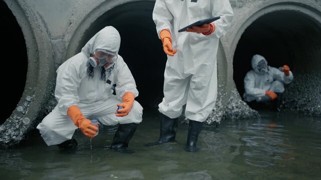 Environmental scientist wearing white protective suit, collecting and analyzing wastewater samples near an industrial drainage system, pollution control, water quality testing, sustainability concept.