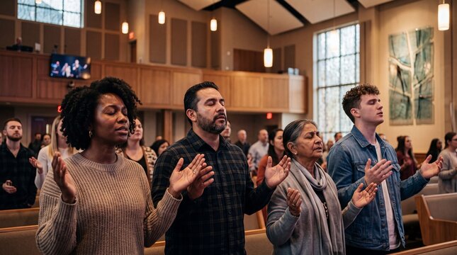 Diverse group of believers standing with raised hands and closed eyes during religious service in church. Christian congregation worshipping together in chapel.