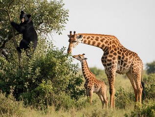 Naklejka premium Black bear climbs tall tree near giraffes in African savanna. Adult giraffe, young calf eat green leaves from bushes. Wild animals coexist in natural habitat during sunny day. Wildlife scene shows